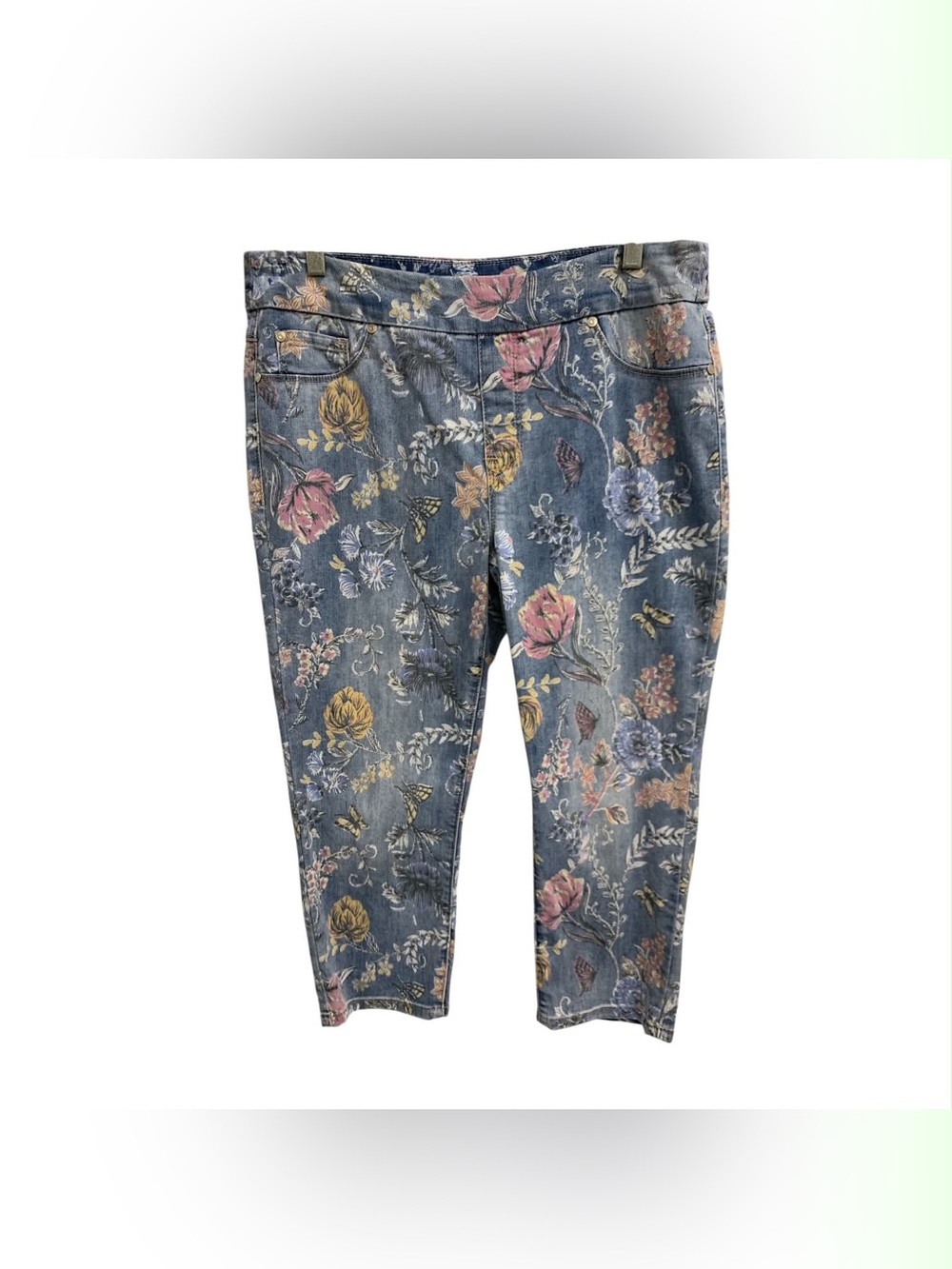 Tribal Floral-Print Blue Denim Cropped Jeans Size M